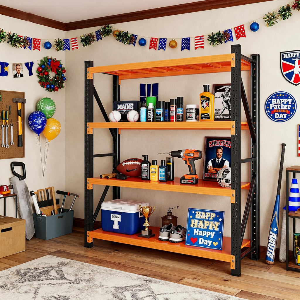 79" H Garage Shelving,4000LBS Heavy Duty Storage Rack,4 Tiers Metal Storage Rack Shelf, Adjustable Shelving Unit for Garage,Kitchen,Warehouse,Basement,78.7" H x 59" W x 19.6" D,Black&Orange