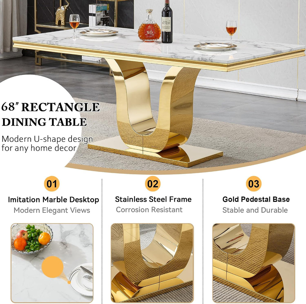 7-Piece Dining Table Set with 6 Beige Upholstered Chairs, 68" White Gold...