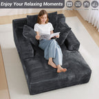 50" x 68" Corduroy Chaise Lounge, Boneless Sofa Bed, Dark Gray | Oversized corduroy chaise with a deep boneless seat, sleeper design, and 3 pillows for reading, lounging.