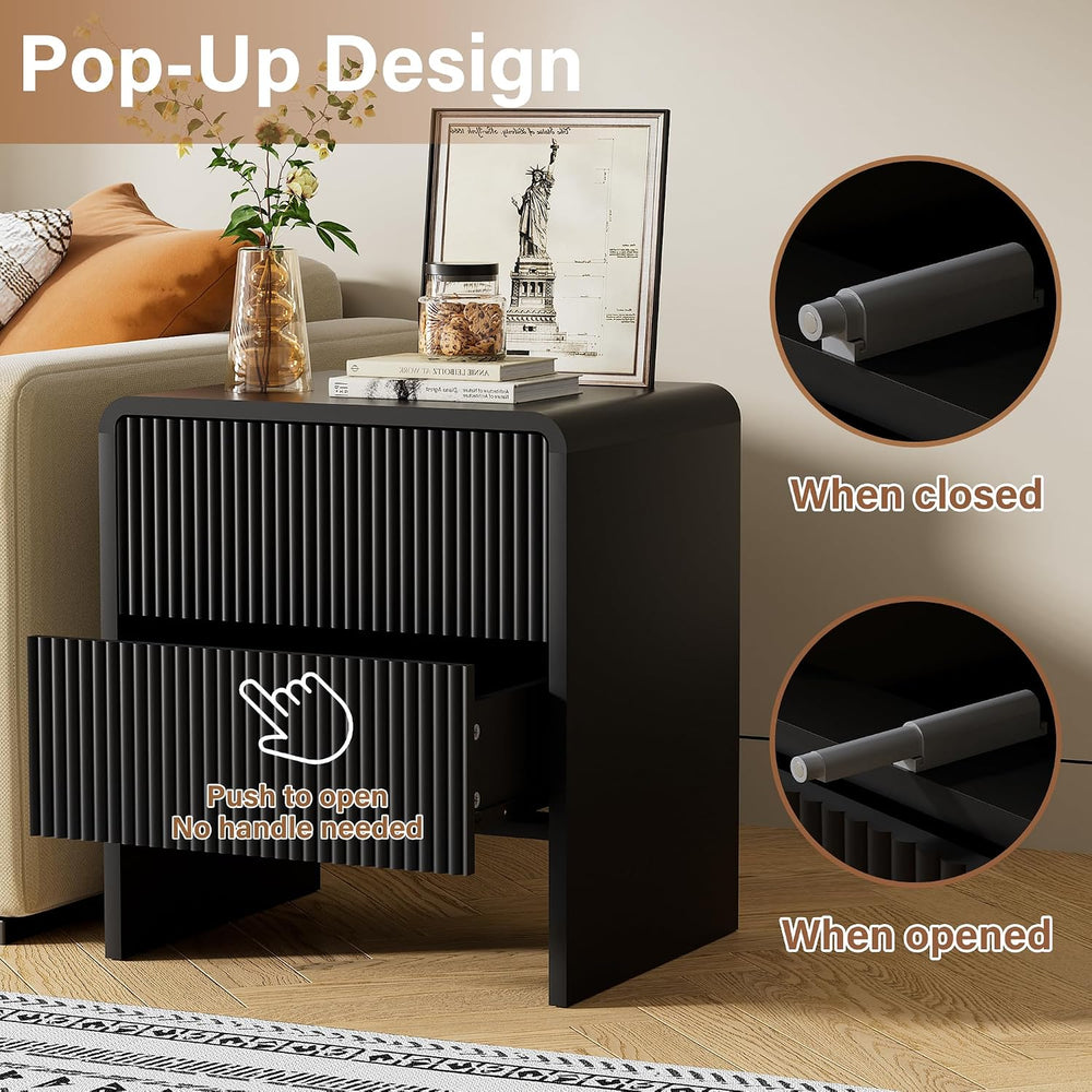 Furniway Set of 2 Modern Curved Nightstand with 2 Drawers, Push-to-Open Woode...