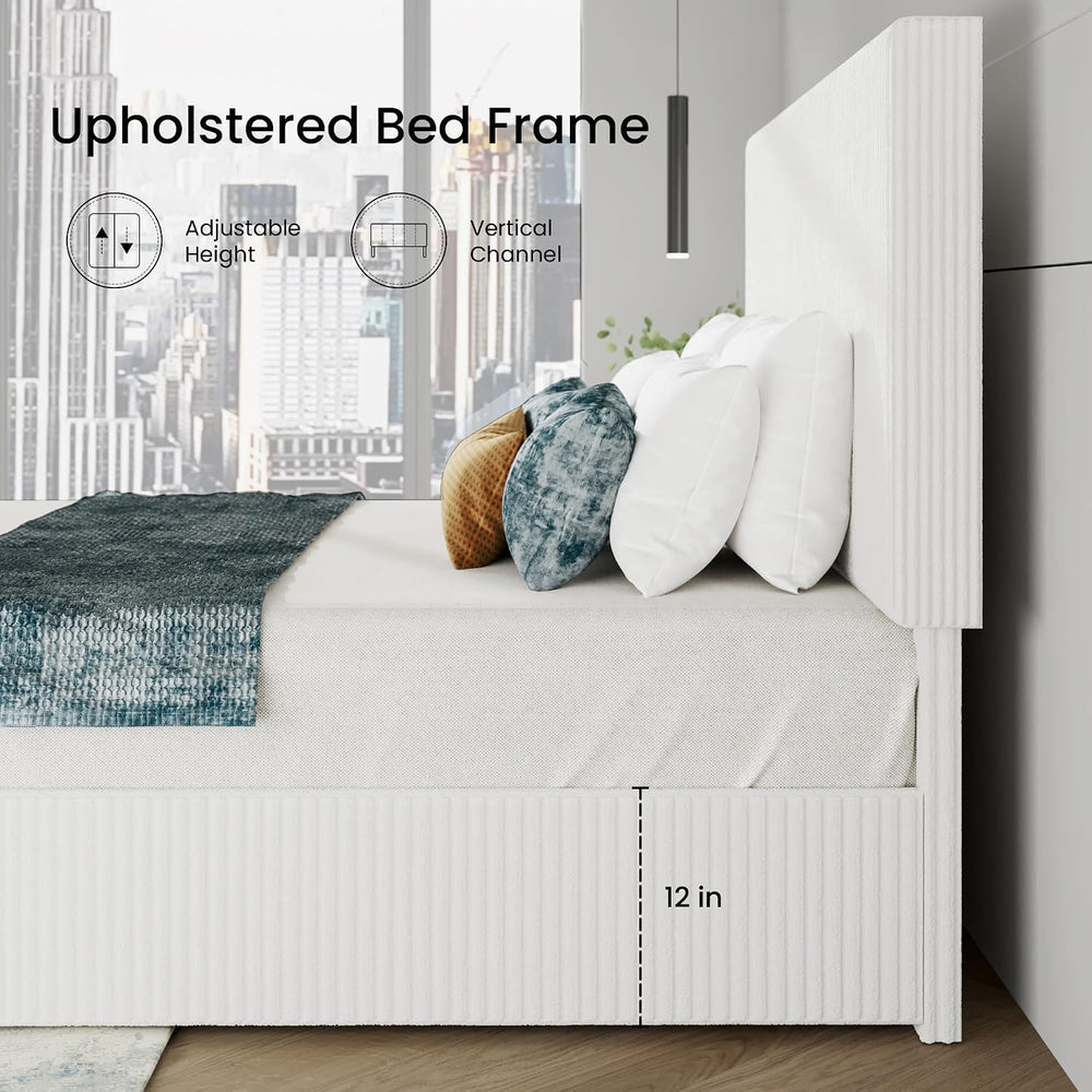 SHA CERLIN Queen Size Corduroy Bed Frame with Adjustable Headboard, White