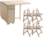Wood Drop Leaf Folding Dining Table with 2 Drawers and 4 Wheels, Wooden Padded Chairs Set of 4, Space Saving Dining Table with 4 Chairs