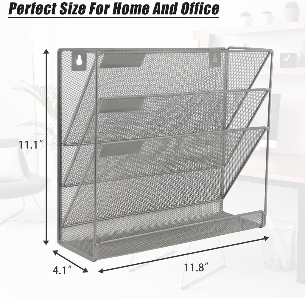 EASEPRES Desk File Organizer Mesh 4-Tier, Hanging Wall Mount Document Organization Stand, Desktop Vertical Mail Paper Folder Holder Rack with Bottom Tray for Office Home Cubicle Countertop, Gray
