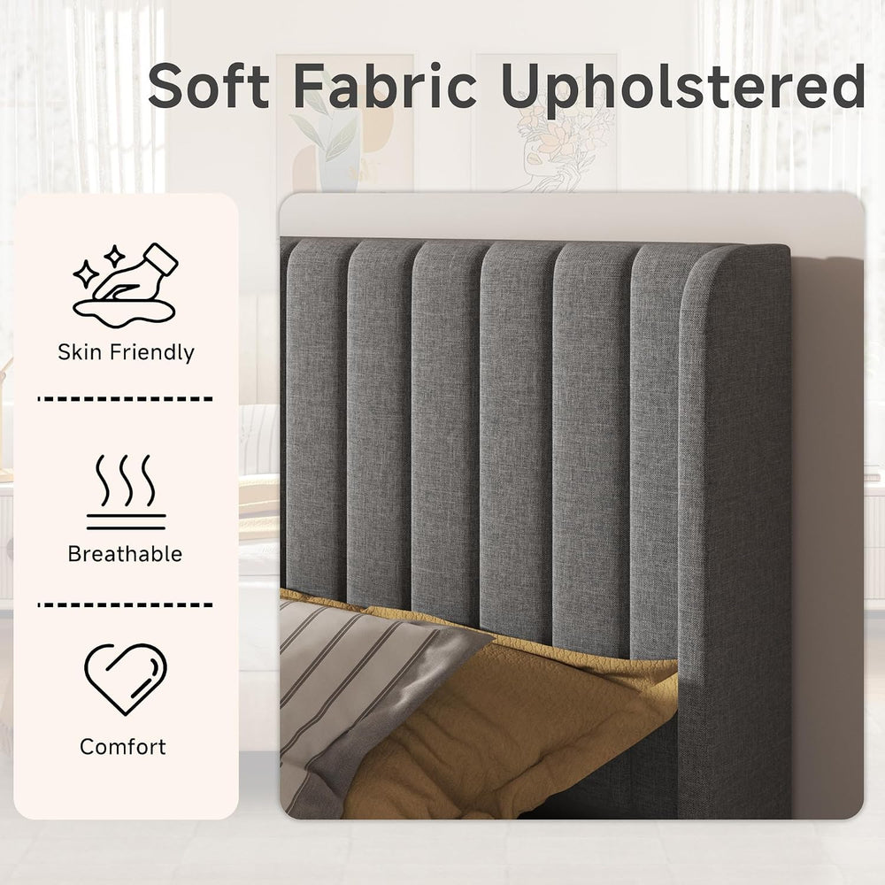 Queen Bed Frame with Vertical Channel Tufted Headboard & Wingback
