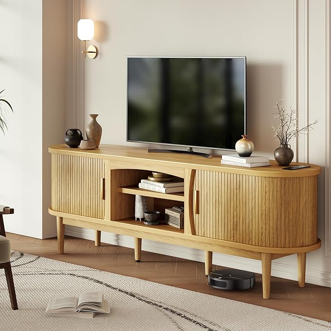 Mid Century TV Stand for TVs up to 80 Inches, Entertainment Center with Storage, Power Outlet, Fluted Sliding Doors & Adjustable Shelves, Modern Media TV Console Table for Living Room (Oak)