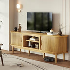 Mid Century TV Stand for TVs up to 80 Inches, Entertainment Center with Storage, Power Outlet, Fluted Sliding Doors & Adjustable Shelves, Modern Media TV Console Table for Living Room (Oak)