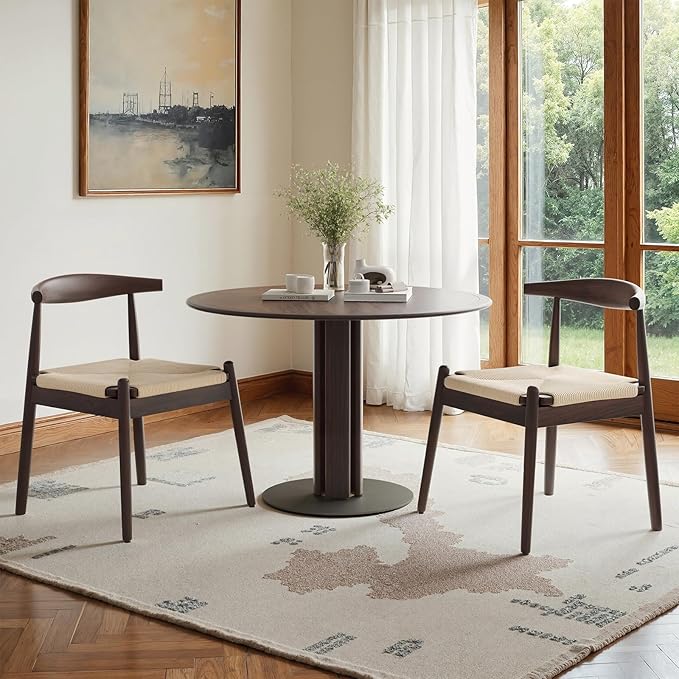 Farini Mid Century Modern Dining Chairs Set of 2, Solid Wood Frame Kitchen Chairs with Woven Upholstered Seat for Dining Room & Breakfast Nook,Latte-Beige