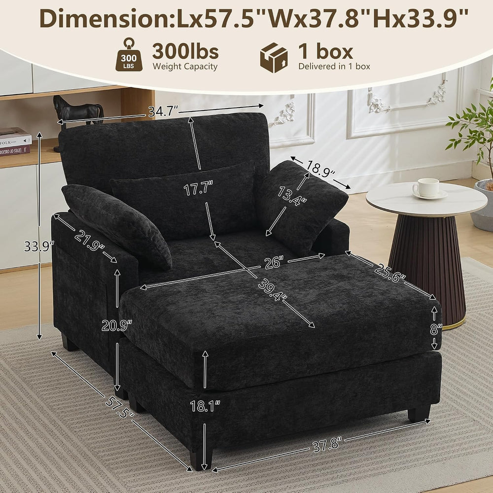 57.5" Oversized Chenille Chair with Movable Ottoman, Black Deep Seat Com...