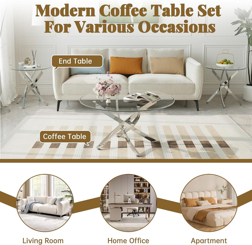 Round Glass Coffee Table Set with 1 Coffee & 1 End Table, Modern Living R...