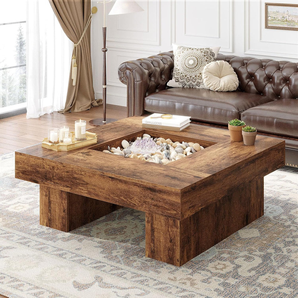 LVB 39"x39" Large Square Rustic Brown Wood Coffee Table for Living ...