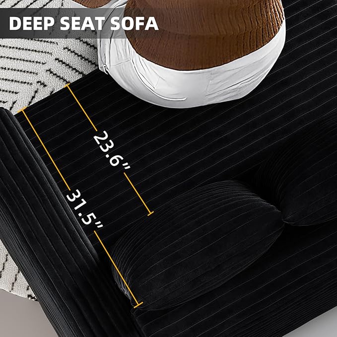 KEIKI 102.4" Sectional Couches, Modern Comfy Upholstered Sofa Cloud Couch, Deep Seat 4 Seat Sofa Set with Soft Pillows and Movable Ottoman for Living Room, Apartment, Office, Black