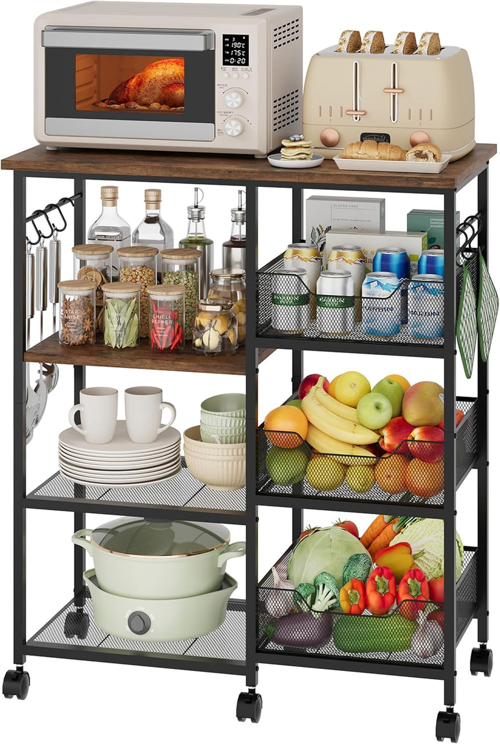 HapiRm Rolling Kitchen Carts with Storage - Microwave Table Stand with 6 Hook...
