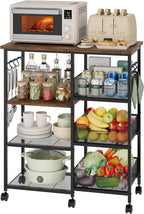 HapiRm Rolling Kitchen Carts with Storage - Microwave Table Stand with 6 Hooks & 3 Baskets, kitchen Island Cart on Lockable Wheels, 28.3" L × 14.6" W Bakers Rack Cart for Dining Room Coffee Bar Office