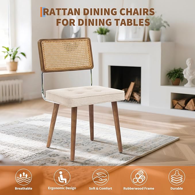 GarveeHome Natural Rattan Dining Chairs Set of 2, Linen Upholstered Kitchen Chairs with Tall Cane Backrest and Strong Wood Legs for Dining Room, Kitchen, Restaurant, Beige