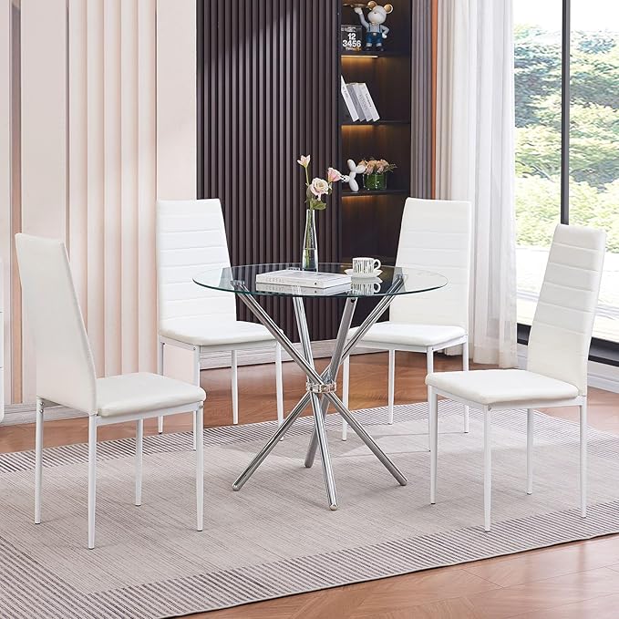 PU Dining Chairs Set of 4, Modern Kitchen & Dining Room Chairs Faux Leather Upholstered Dinner Chairs with Metal Legs for Small Space (White, Horizontal line)