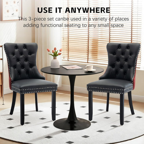 3-Pieces Dining Sets, 31.5" Round Dining Table Set with 2 Velvet Upholstered Dining Chairs,Wooden Legs Design for Kitchen Dining Room Apartment Small Space(1 Black Table with 2 Black&Wine Red Chairs)