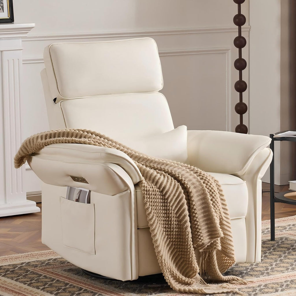 Power Recliner Rocking Chair with Adjustable Arm and Headrest,Beige Leather | Adjustable arms and headrest, storage bags, FSC certified fabric, nursing chair glider for nursery