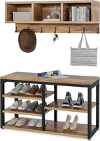 LITTLE TREE Coat Shoe Rack, Hall Tree Entryway Bench Set for Hallway, Living Room, Bedroom, Oak+Black