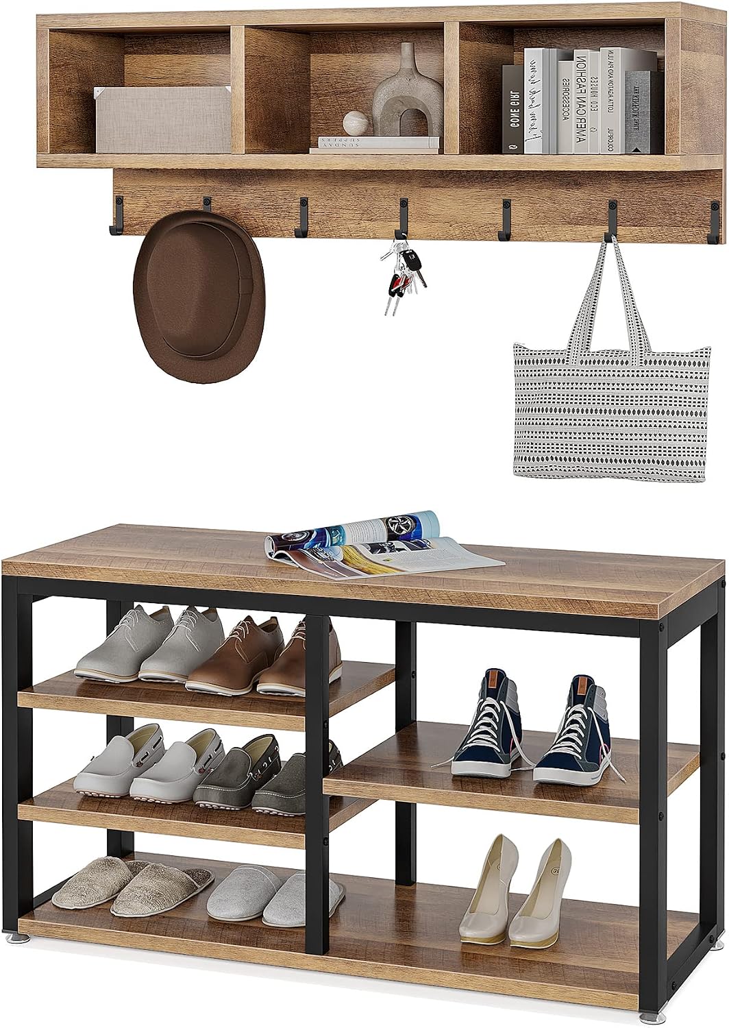 LITTLE TREE Coat Shoe Rack, Hall Tree Entryway Bench Set for Hallway, Living Room, Bedroom, Oak+Black