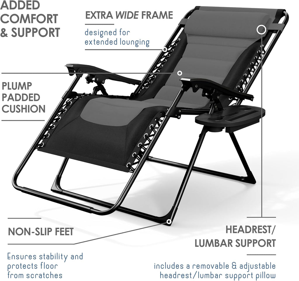 Nestl Padded Oversized Zero Gravity Chair, XL Folding Outdoor Lounge Chair | Adjustable Headrest, Cup Holder & Side Tray, Support 330 LBS, Anti Gravity Reclining, For Patio, Camping & Beach, Black/Grey