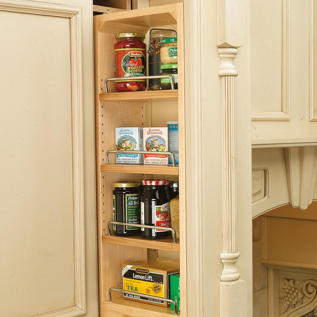 Rev-A-Shelf 6" W x 36" H Pull Out Quad Shelf Organizer for Wall & Base Kitchen Cabinets, Full Extension Filler Spice Rack, Adjustable, Wood, 432-WF36-6C