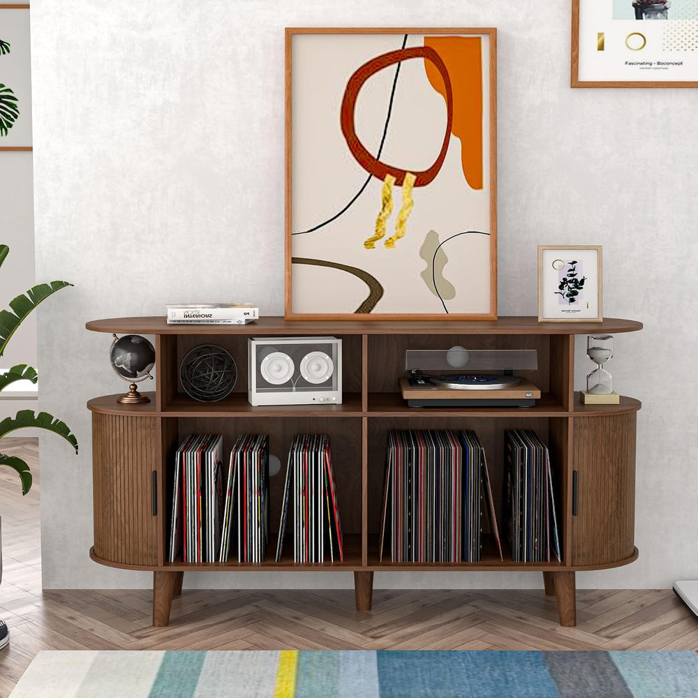 Large Walnut Record Player Stand with Charging Station, Mid-Century Turntable...