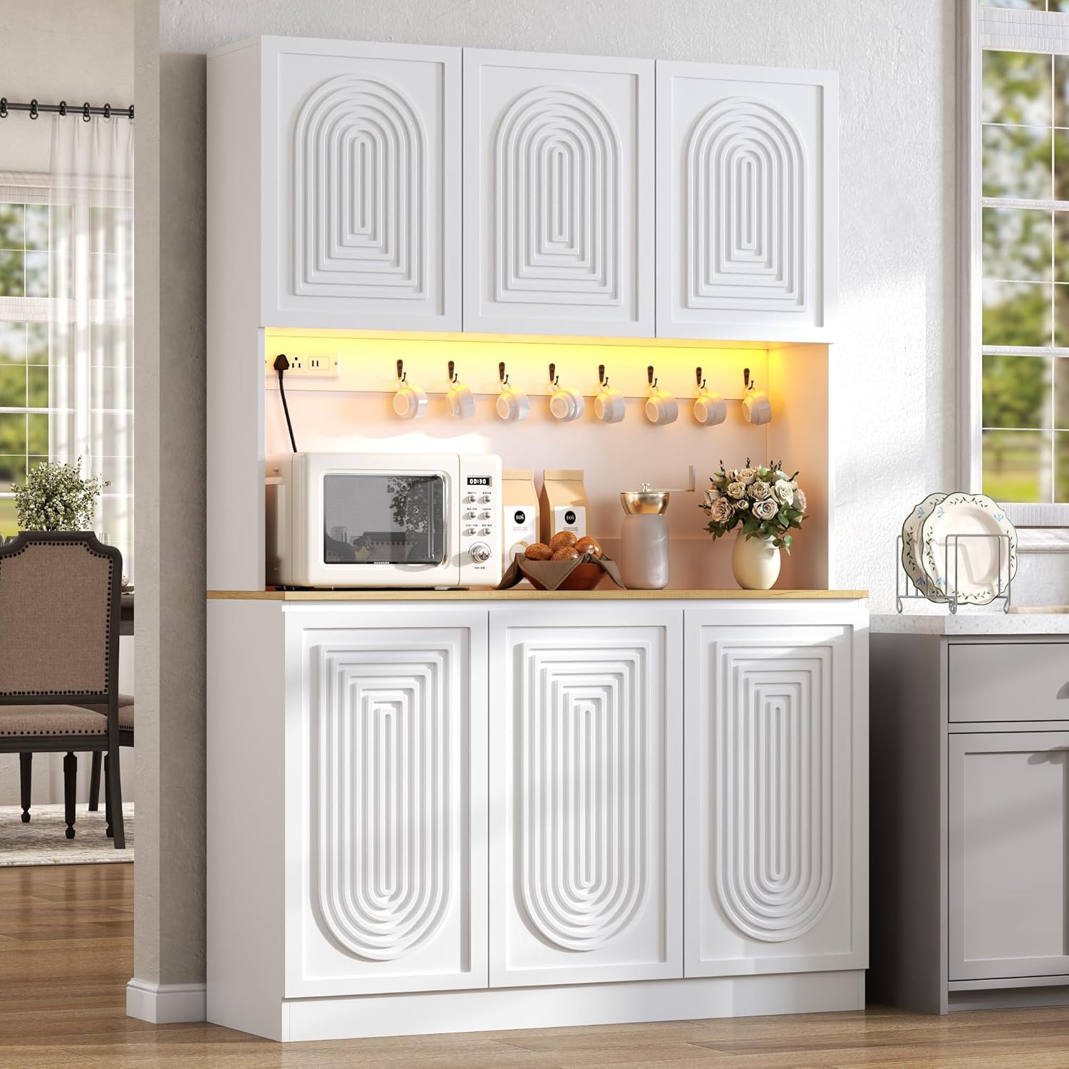 71" Black Kitchen Pantry with Power Outlet & LED Light, Large Kitchen Hutch Cabinet with Adjustable Shelf, Modern Buffet Cabinet with 6 Doors, Food Pantry Storage for Dining Room (White 6 Doors)