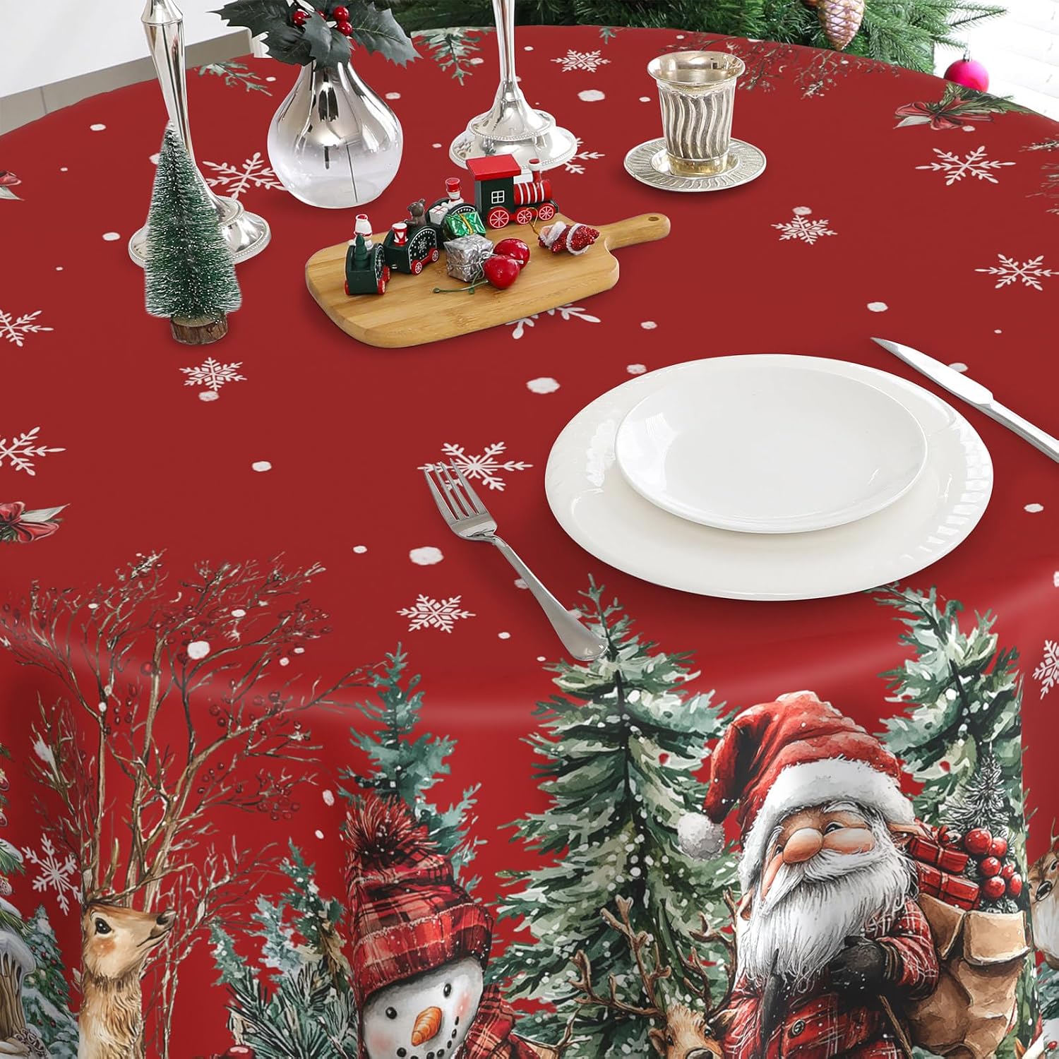 Round Christmas Tablecloth 70 inches - Santa Christmas Decor | Water Resistant Santa and Snowman Table Cloth - Holiday Xmas Decorations for Table, Party