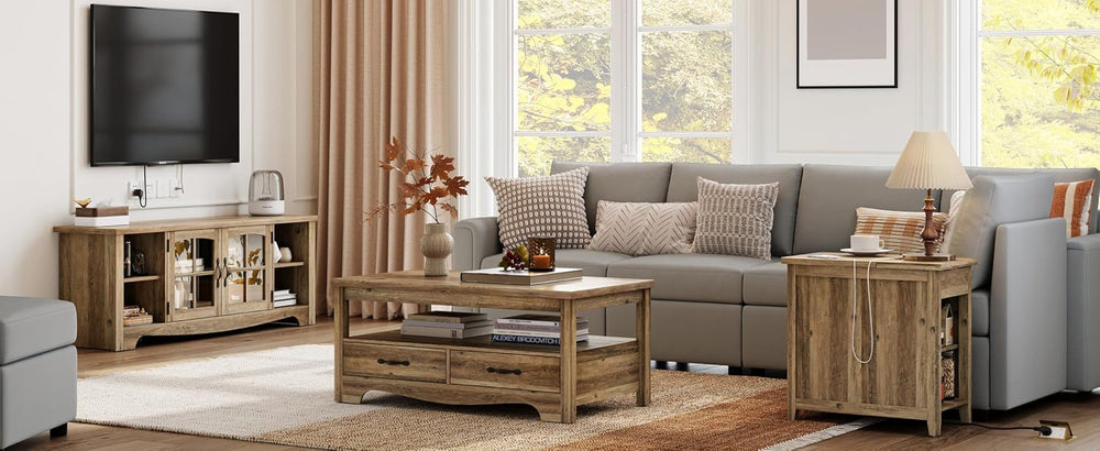 LINSY HOME Living Room Table Sets 4 Piece with TV Stand, Farmhouse TV Stand f...