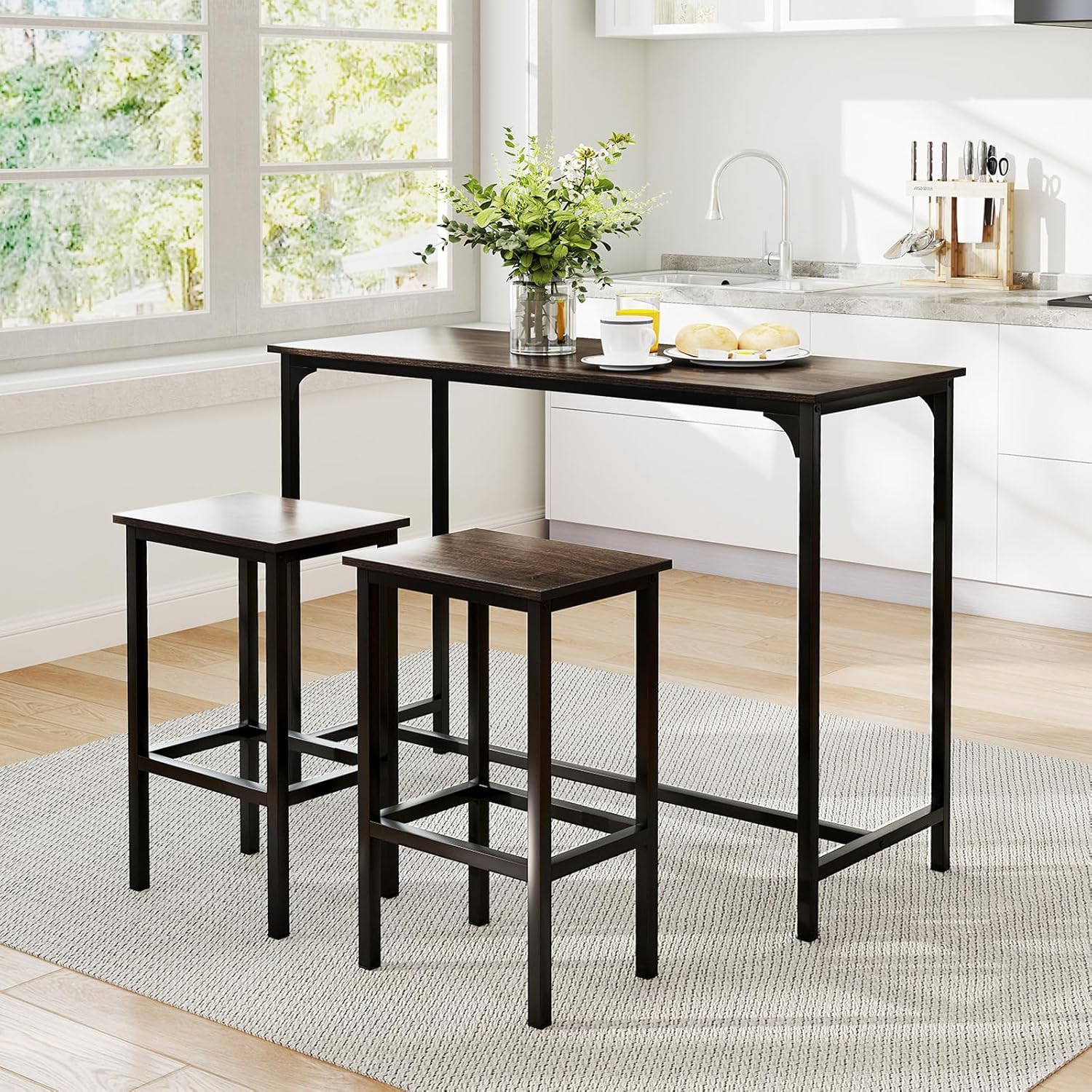 COSTWAY 3-Piece Dining Table Set, 47.5" Industrial Counter-Height Kitchen Table and 2 Bar Stools, High Top Rectangular Pub Table and Chairs for Dining Room Small Place Breakfast Nook Bistro (Grey) | w/ 2 Bar Stools, High Top Rectangular Pub Table and