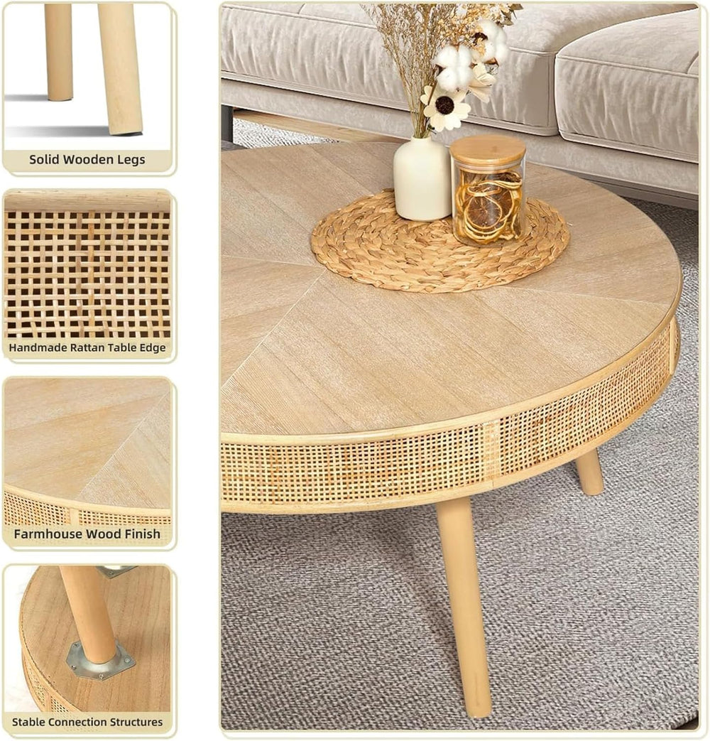 RUSTOWN 2-Piece Round Coffee Table Set with Rattan Accent, Soild Wood Leg, Fa...