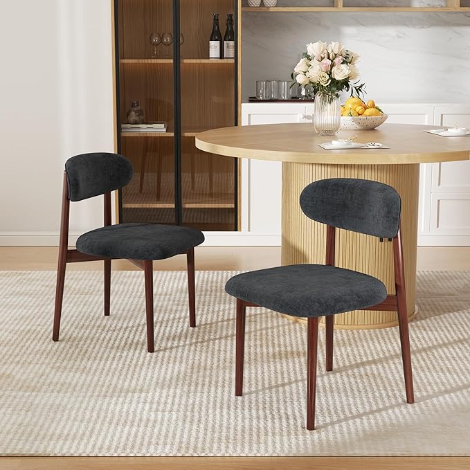 Wooden Dining Chair Set of 3, Modern Dining Chairs with with Curved Back, Fabric Upholstered Kitchen Dining Room Chairs with Adjustable Legs for Farmhouse Dining Living Room,Dark Grey