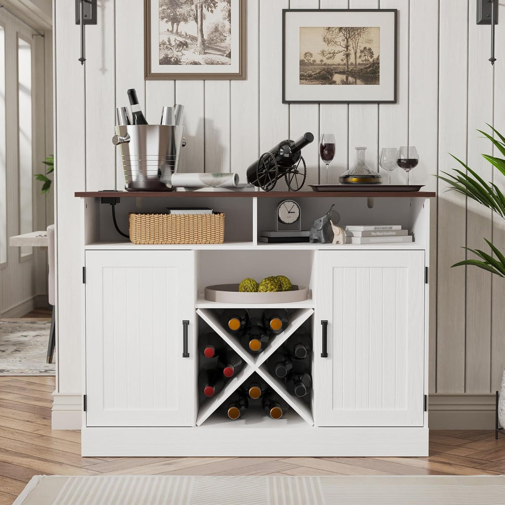 MHOM Farmhouse Coffee Bar Cabinet with Prower Outlets, Rustic Liquor Cabinet with Wine Rack, Wooden Wine Cabinet for Dining Room & Living Room, White