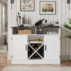 MHOM Farmhouse Coffee Bar Cabinet with Prower Outlets, Rustic Liquor Cabinet with Wine Rack, Wooden Wine Cabinet for Dining Room & Living Room, White