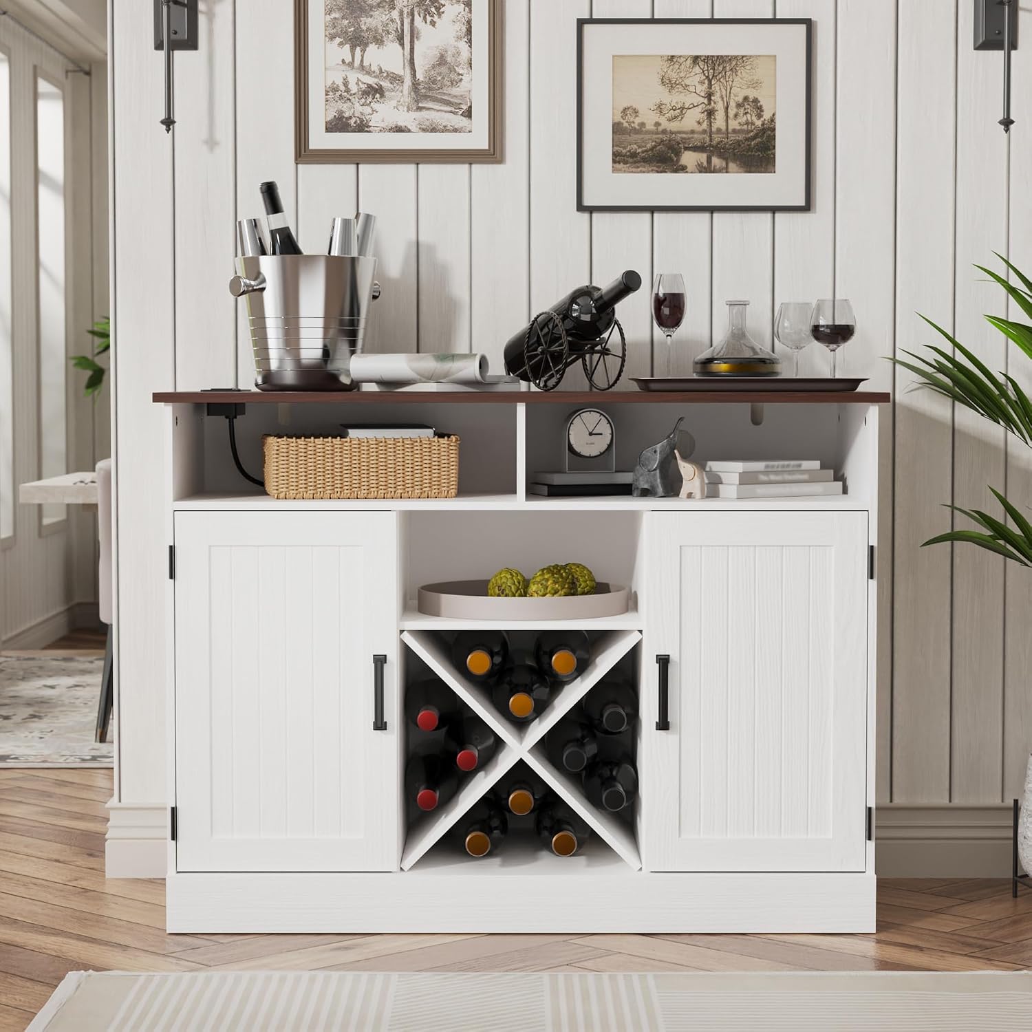 MHOM Farmhouse Coffee Bar Cabinet with Prower Outlets, Rustic Liquor Cabinet with Wine Rack, Wooden Wine Cabinet for Dining Room & Living Room, White