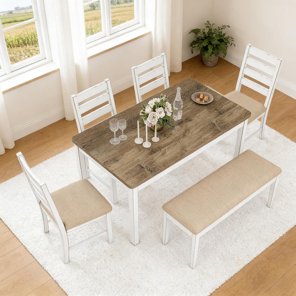 ROCSUMOO Farmhouse Dining Table Set with 4 Chairs and 1 Bench, 59" White...