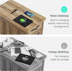 LINSY HOME End Table Set of 2 with Charging Station, Modern Farmhouse Sofa Couch Side Table, Wooden Bedside Table for Living Room, Nightstand with Storage Cabinet for Small Space, Brown, Glass Door