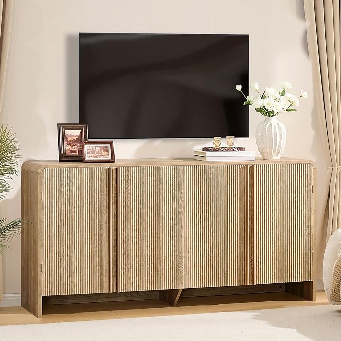 AMERLIFE 63" Fluted TV Stand Media Console Cabinet with Storage, Modern Credenza Entertainment Center with 4 Doors & Adjustable Shelves, Wood Coffee Bar for Living Room, Hallway, Natural Oak