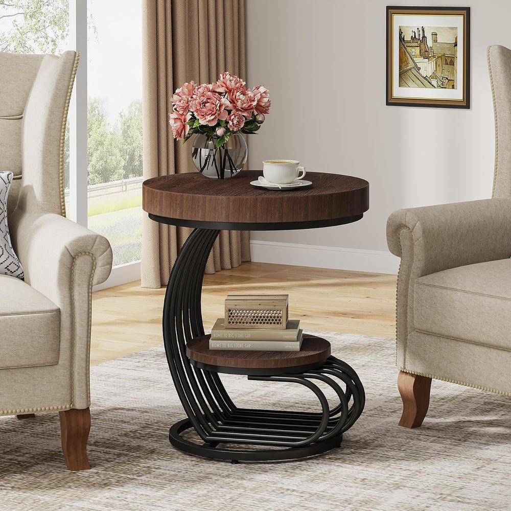 Tribesigns Round End Table, 2-Tier Farmhose Wood Side Table with Shelf Storag...