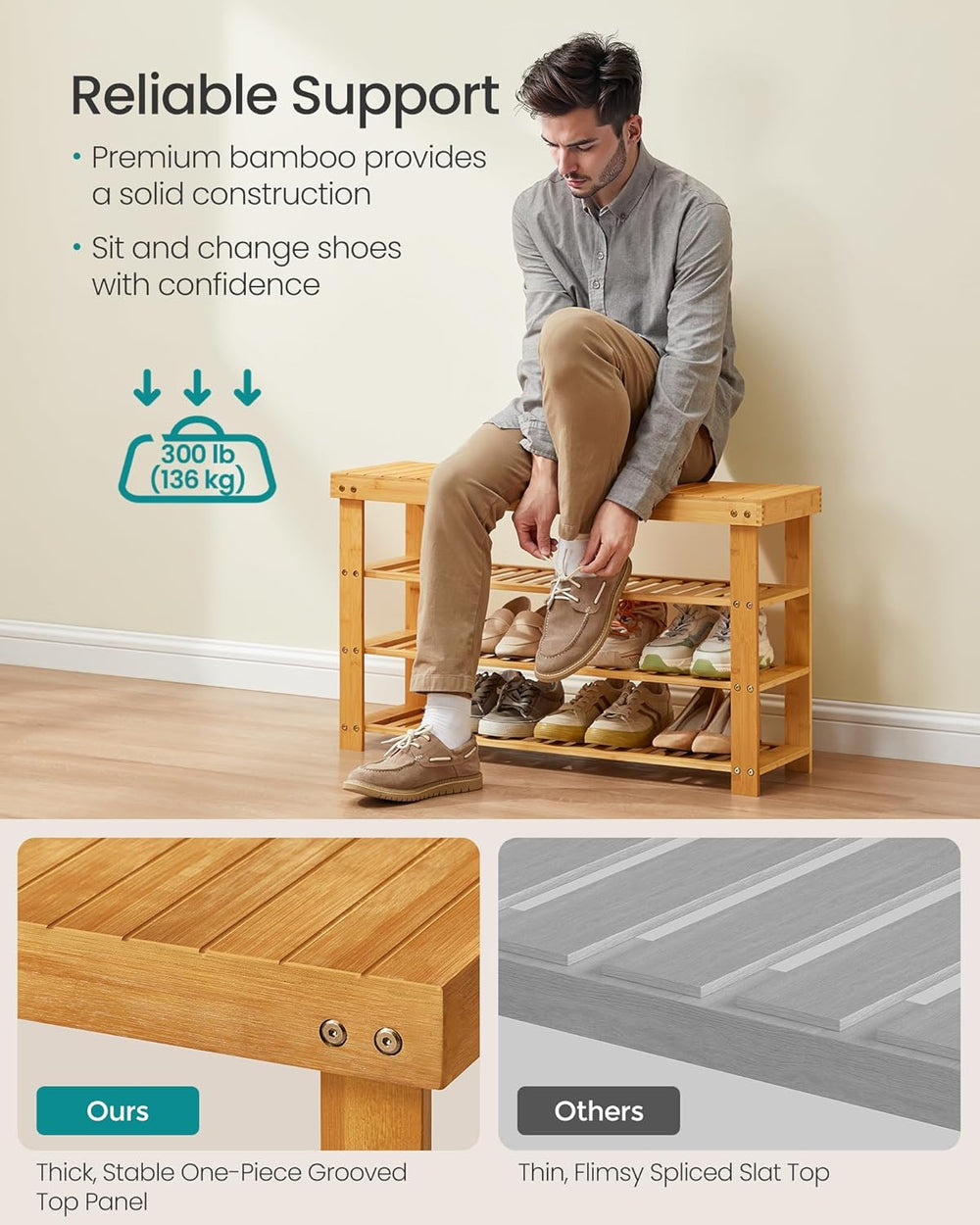 SONGMICS Shoe Rack Bench, 4 Tier Bamboo Shoe Storage Organizer, Entryway Benc...