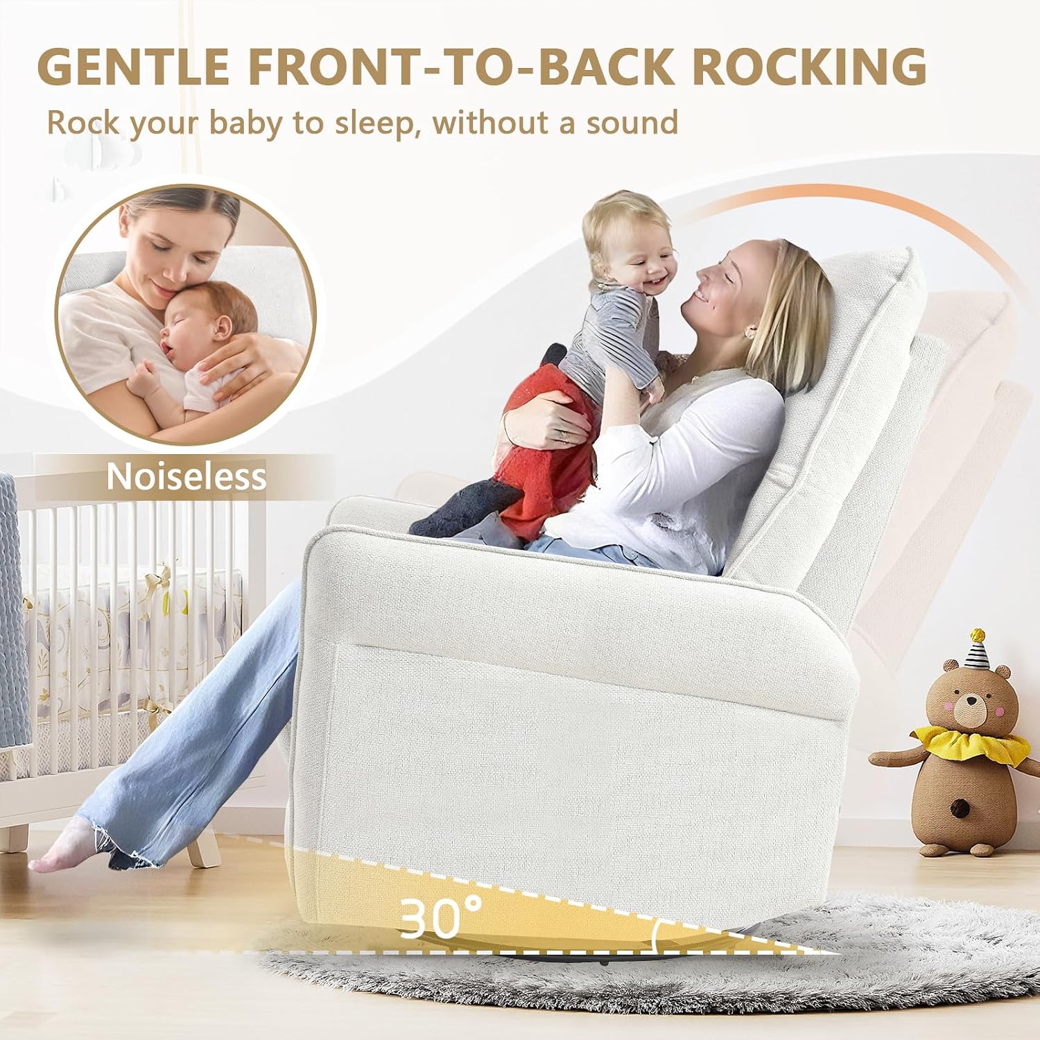 cinkehome Swivel Rocker Recliner, Glider Rocker Recliner Chair for Nursery, Overstuffed Manual Reclining Chair for Small Spaces, Living Room, Beige Snowflake Fleece
