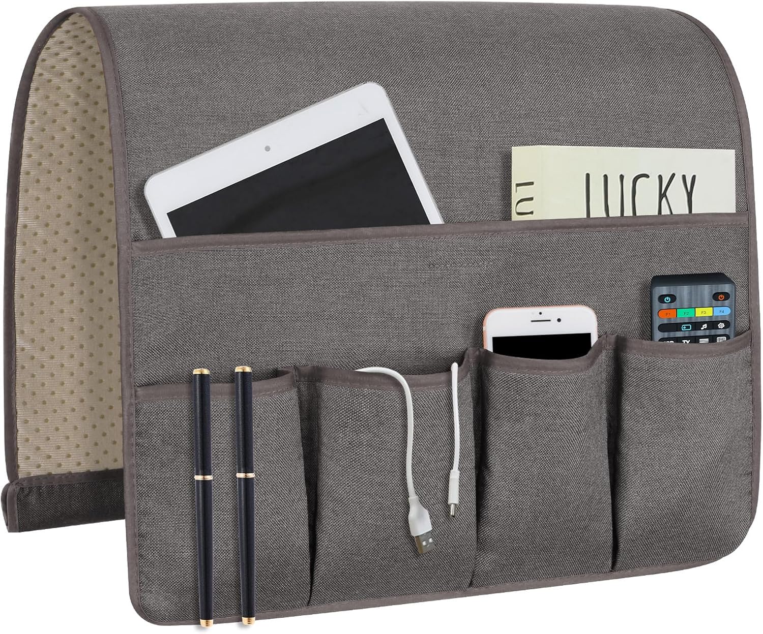 NB Sofa Armrest Organize remote holder bedside caddy organizer with 5 pockets，non-slip couch remote control holder couch armchair caddy accessories (Dark Grey, 35''x18'')