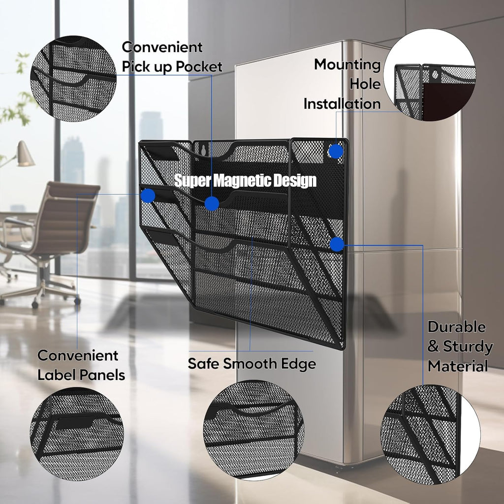 3-Tier Magnetic File Holder, No Drilling Installation File Cabinet Organizer, Black Magnetic File Organizer, Magazine Rack, Magnetic Paper Holder for Refrigerator, File Cabinets, Whiteboard