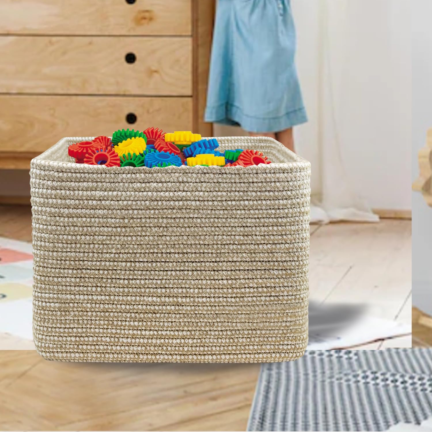 COMFY-HOMI Cotton Rope Woven Basket with Handles for Shelves,Toys,Book, Cloth Storage Baskets Bin for Organizing- 1 PCSToy Decorative Organizer for Living Room, Bathroom