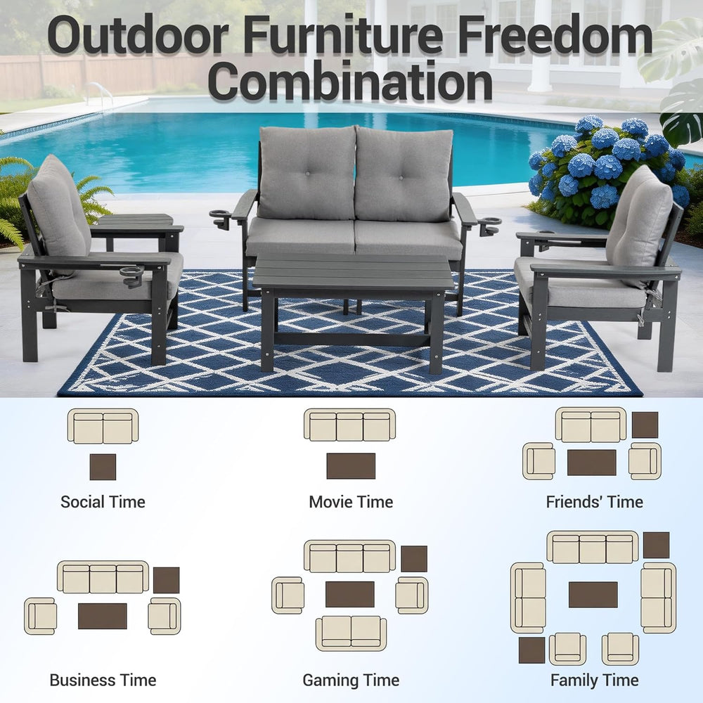 HDPE Patio Armchairs Set of 2 w/Cup Holeder, Outdoor Sectional Couch w/Thick ...