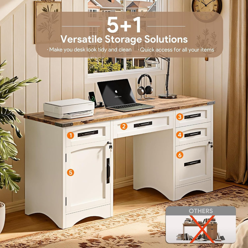 Decofy Farmhouse Executive Desk with Drawers, 55" Home Office Desks with...