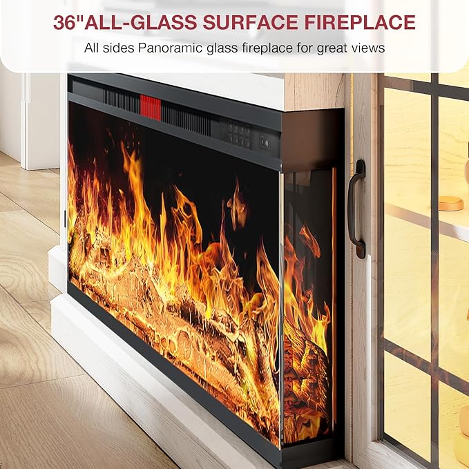 oneinmil 80'' Fireplace TV Stand with 3-Sided Glass, TV Cabinet for TVs up to 85", 80'' Modern Media Entertainment Center with Farmhouse Glass Door Storage Cabinets