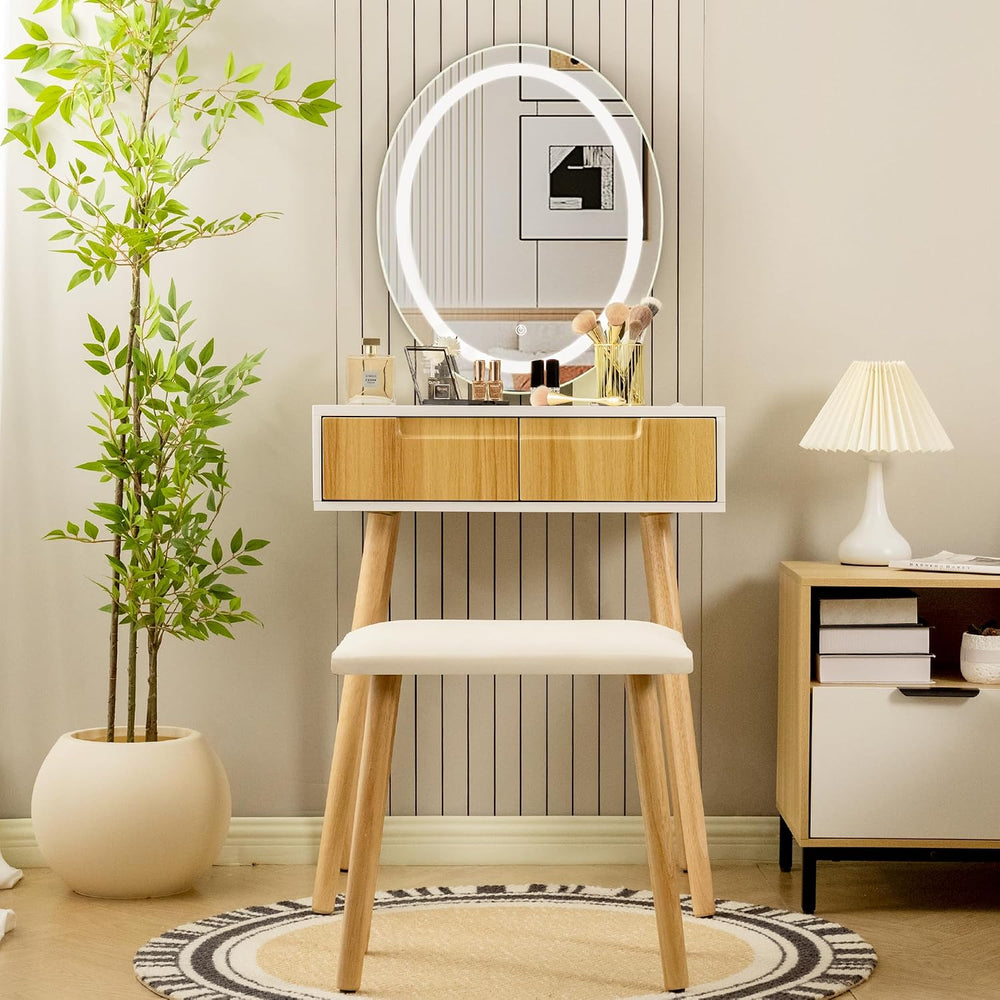 Small Vanity Desk with Mirror and Lights, Wooden Handles with Cushioned Stool...
