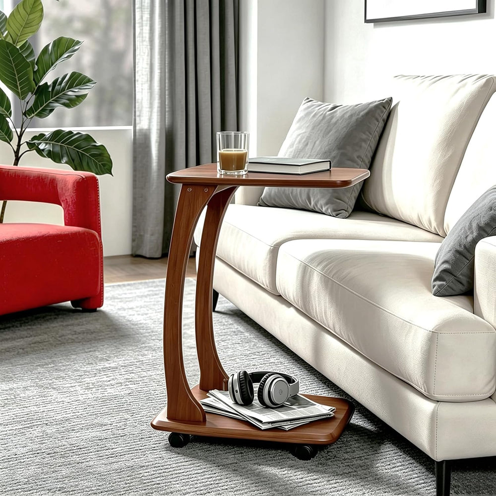 C-Shaped End Table with Wheels,Walnut Color(18.1" Dx13.7 W x24.8 H) | Ro...