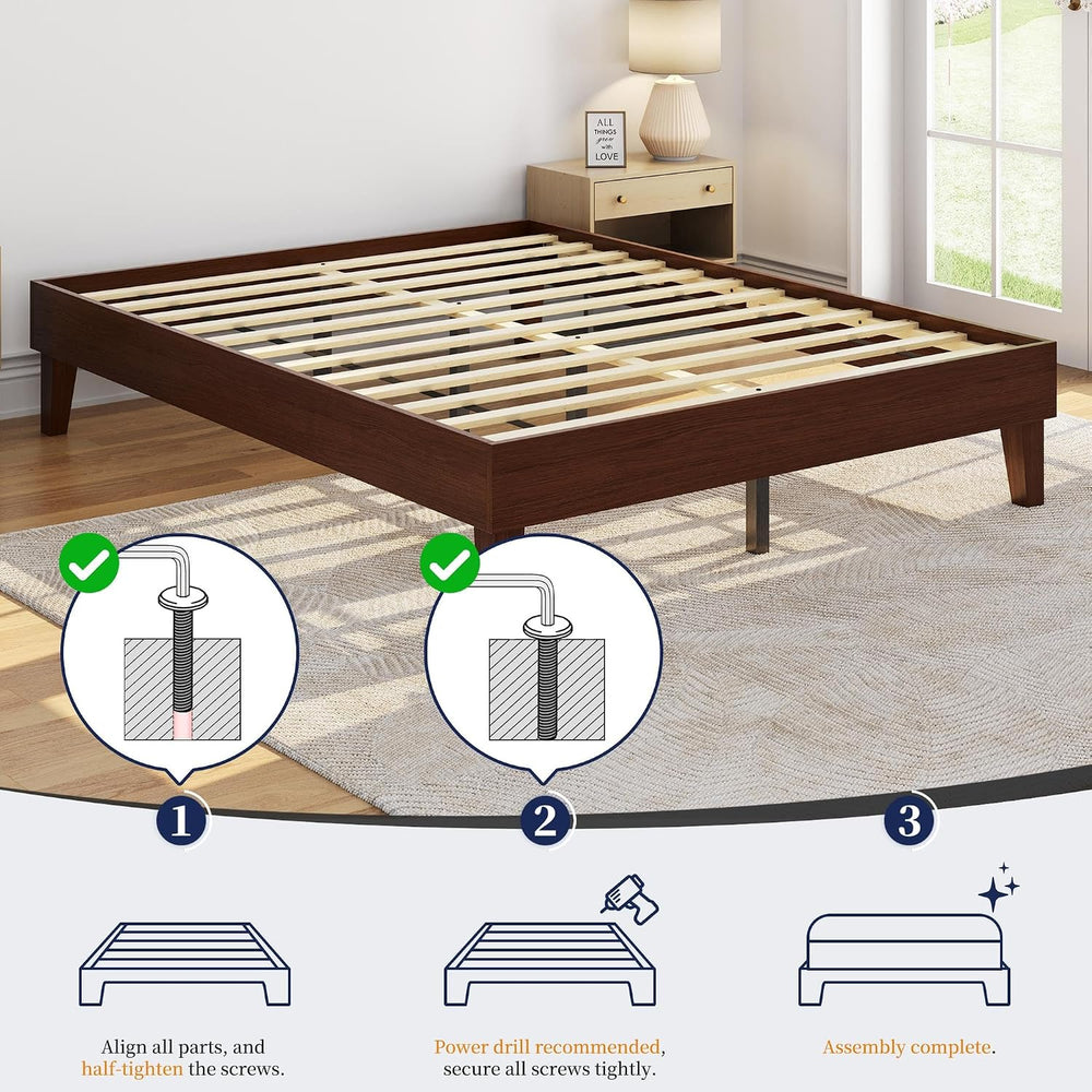 Yaheetech Queen Size Solid Wood Platform Bed Frame Low-Profile Dark Walnut